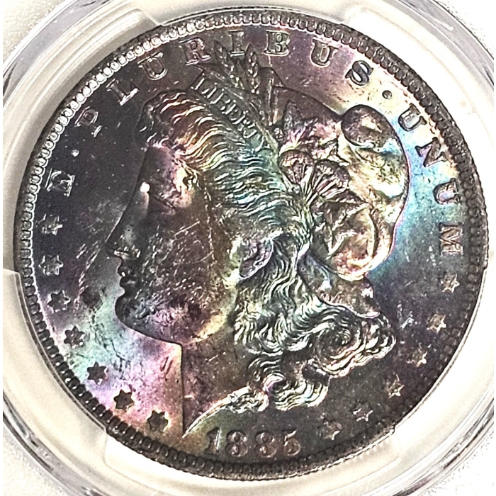 1885-O Morgan Silver Dollar $1 PCGS MS-63 Monster Rainbow Toned