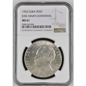 1953 CUBA JOSE MARTI CENTENNIAL PESO NGC MS61