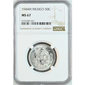 1944M MEXICO 50C NGC MS67