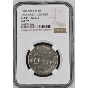 1988 CUBA TRANSPORT - ZEPPELIN COPPER-NICKEL PESO NGC MS67