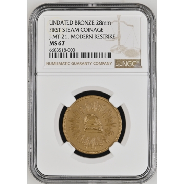 UNDATED BRONZE FIRST STEAM COINAGE J-MT-21, MODERN RESTRIKE 28mm NGC MS67