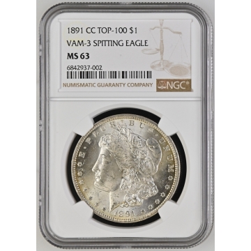 1891-CC TOP-100 Morgan Dollar VAM-3 SPITTING EAGLE S$1 NGC MS63