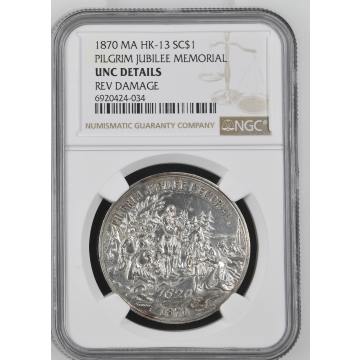 1870 MA HK-13 So-Called Dollar PILGRIM JUBILEE MEMORIAL SC$1 NGC UNC Details