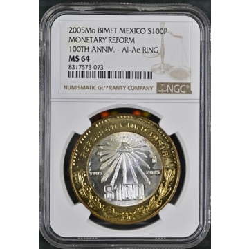 2005Mo MEXICO MONETARY REFORM 100TH ANNIV. - Al-Ae RING S100P NGC MS64