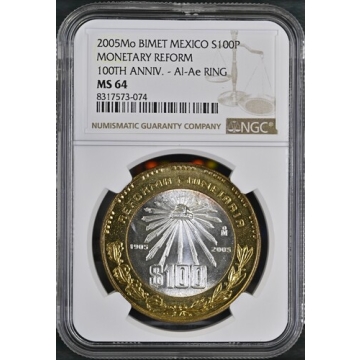 2005Mo MEXICO MONETARY REFORM 100TH ANNIV. - Al-Ae RING S100P NGC MS64