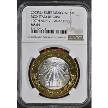 2005Mo MEXICO MONETARY REFORM 100TH ANNIV. - Al-Ae RING S100P NGC MS65