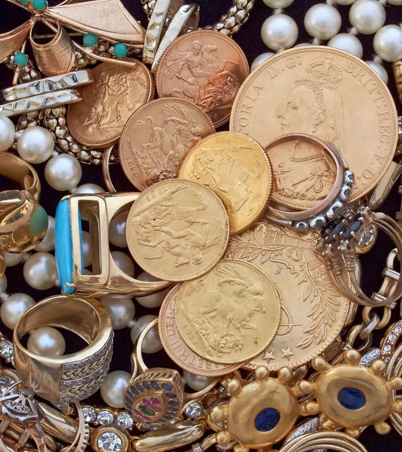 Gold jewelry and coins